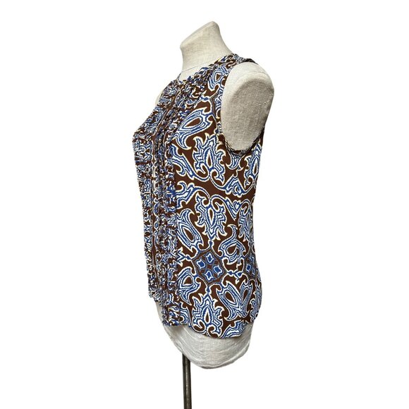 Tory Burch Carolinna Brown Silk Sleeveless Tuxedo Blouse Pleated Ruffle Front - Picture 5 of 10